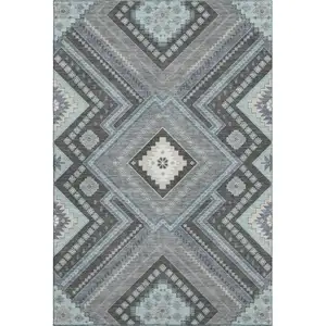 Photo of Pewter Gray And Ivory Tribal Washable Area Rug With UV Protection
