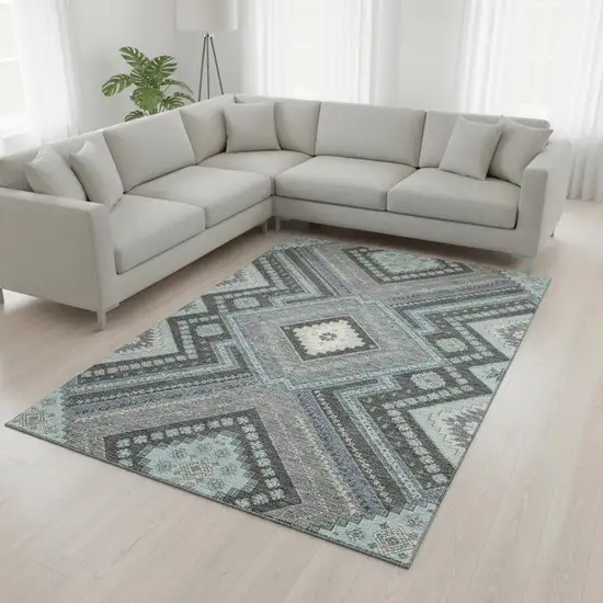 Pewter Gray And Ivory Tribal Washable Area Rug With UV Protection Photo 2