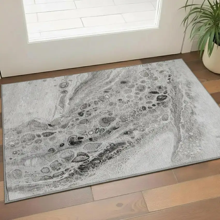 Pewter Gray And Silver Abstract Washable Area Rug With UV Protection Photo 2