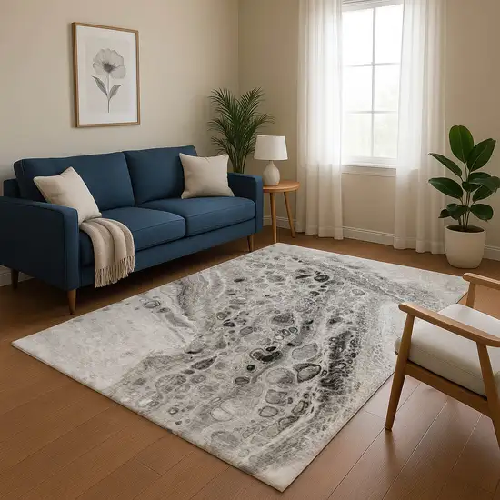 Pewter Gray And Silver Abstract Washable Area Rug With UV Protection Photo 5