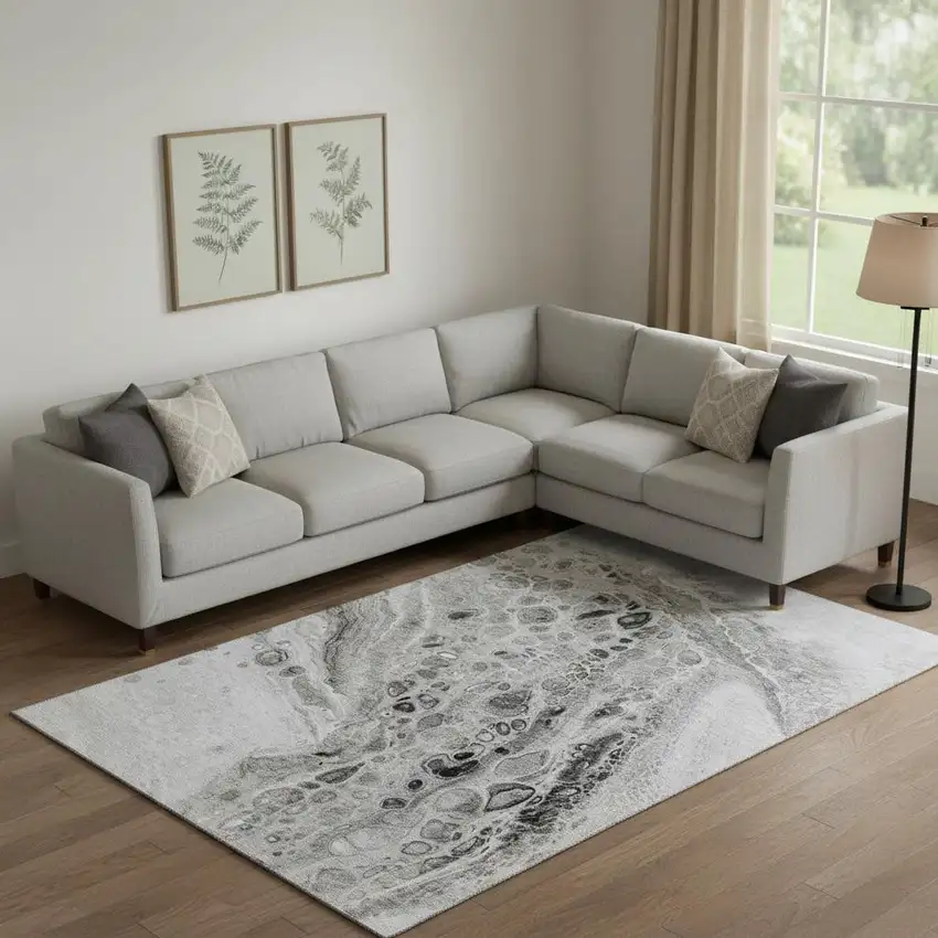 Pewter Gray And Silver Abstract Washable Area Rug With UV Protection Photo 2