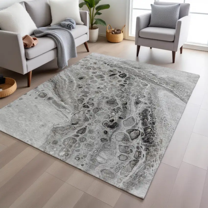 Pewter Gray And Silver Abstract Washable Indoor Outdoor Area Rug Photo 6