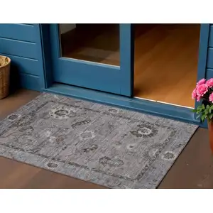 Photo of Pewter Gray And Silver Floral Medallion Washable Indoor Outdoor Area Rug