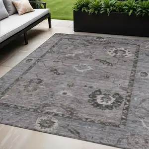 Photo of Pewter Gray And Silver Floral Medallion Washable Indoor Outdoor Area Rug
