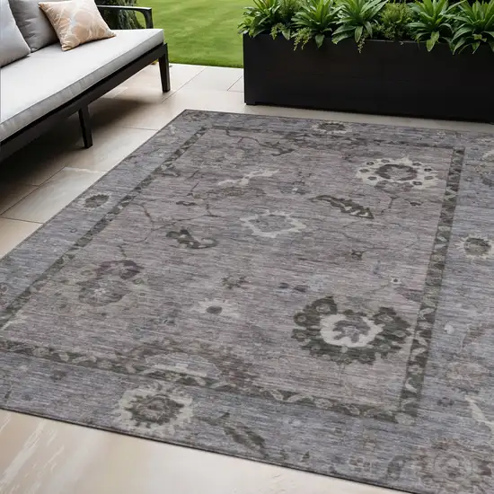 Pewter Gray And Silver Floral Medallion Washable Indoor Outdoor Area Rug Photo 1