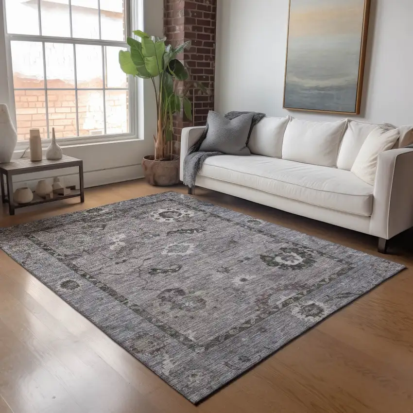 Pewter Gray And Silver Floral Medallion Washable Indoor Outdoor Area Rug Photo 9