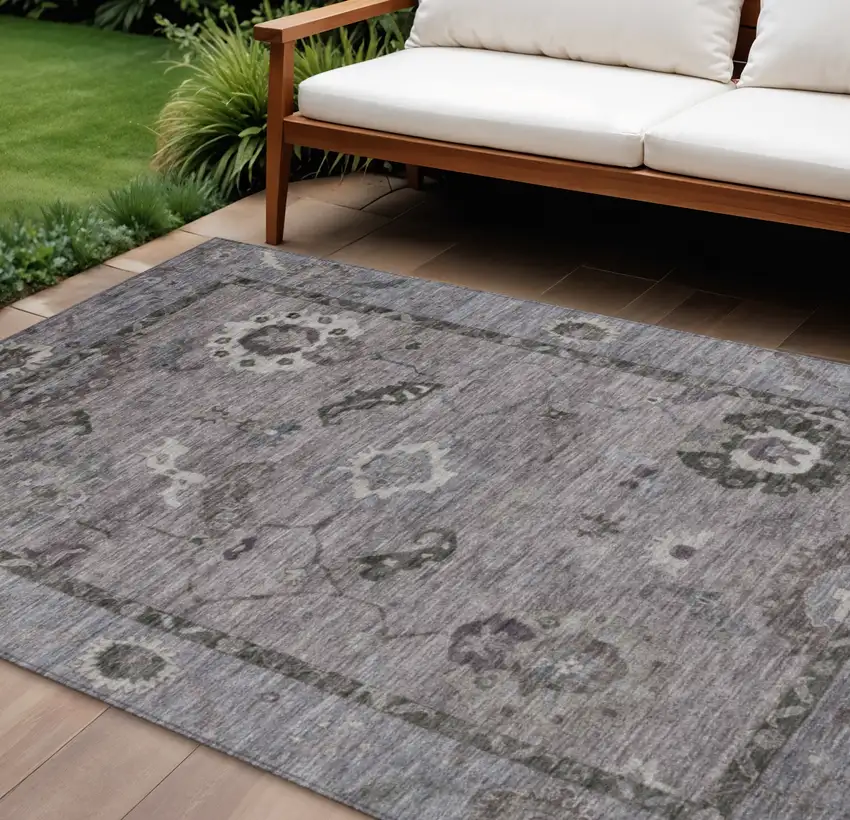 Pewter Gray And Silver Floral Medallion Washable Indoor Outdoor Area Rug Photo 1