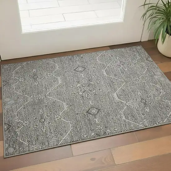 Pewter Gray And Silver Floral Washable Area Rug With UV Protection Photo 2