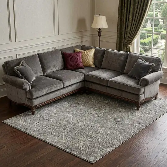 Pewter Gray And Silver Floral Washable Area Rug With UV Protection Photo 1