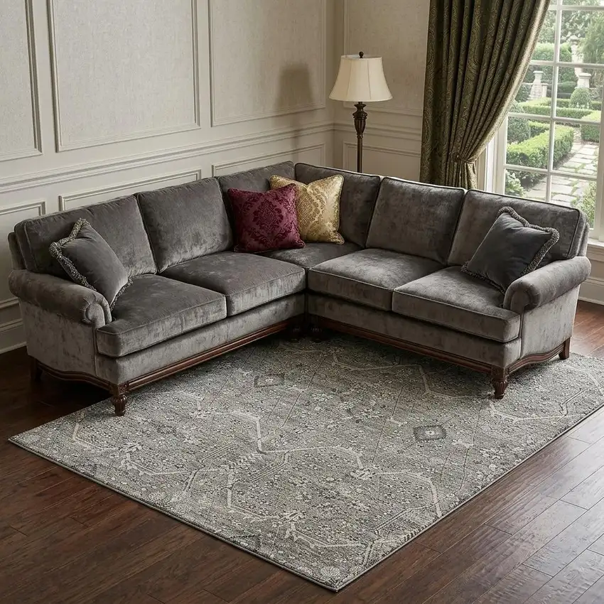 Pewter Gray And Silver Floral Washable Area Rug With UV Protection Photo 1