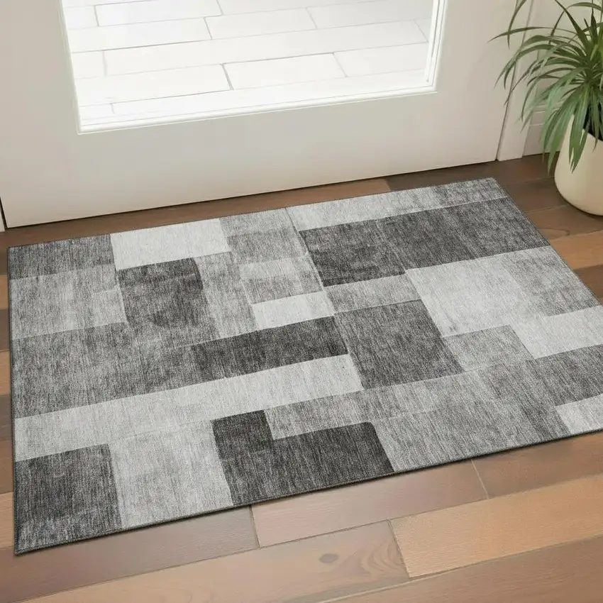 Pewter Gray And Silver Geometric Washable Area Rug With UV Protection Photo 2