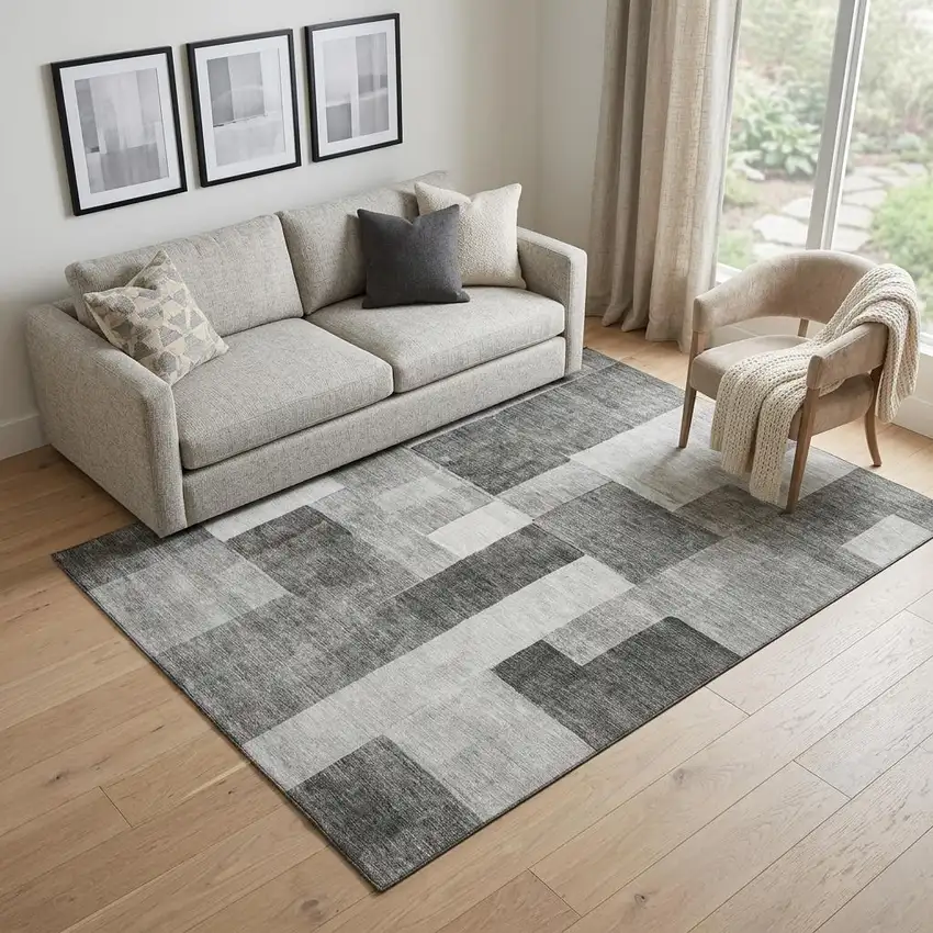 Pewter Gray And Silver Geometric Washable Area Rug With UV Protection Photo 1