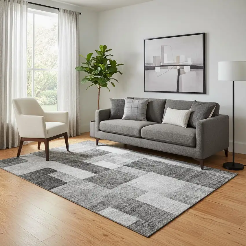 Pewter Gray And Silver Geometric Washable Area Rug With UV Protection Photo 2