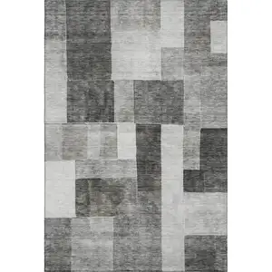 Photo of Pewter Gray And Silver Geometric Washable Area Rug With UV Protection