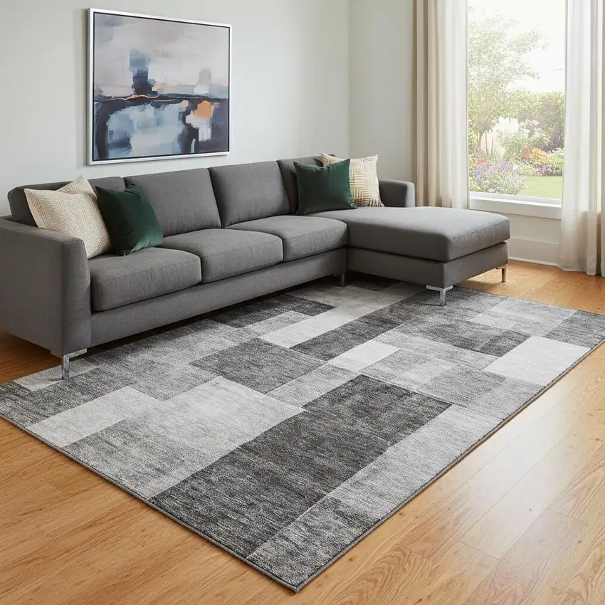 Pewter Gray And Silver Geometric Washable Area Rug With UV Protection Photo 2