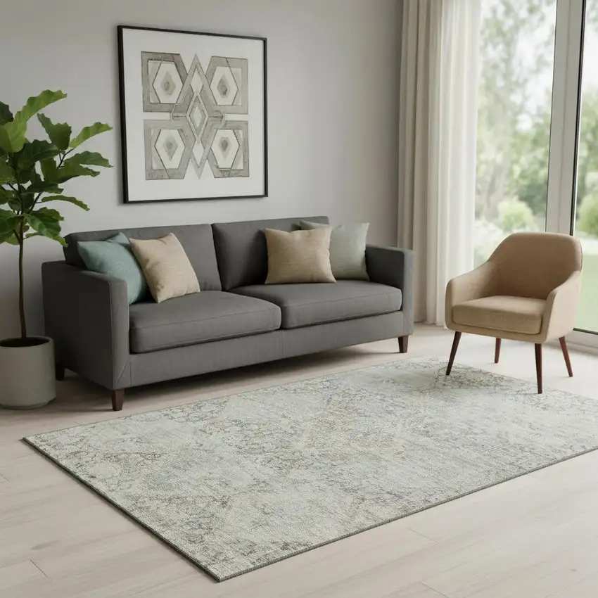 Pewter Gray And Silver Geometric Washable Area Rug With UV Protection Photo 2