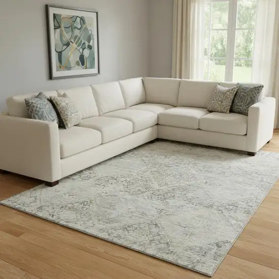 Pewter Gray And Silver Geometric Washable Area Rug With UV Protection Photo 2