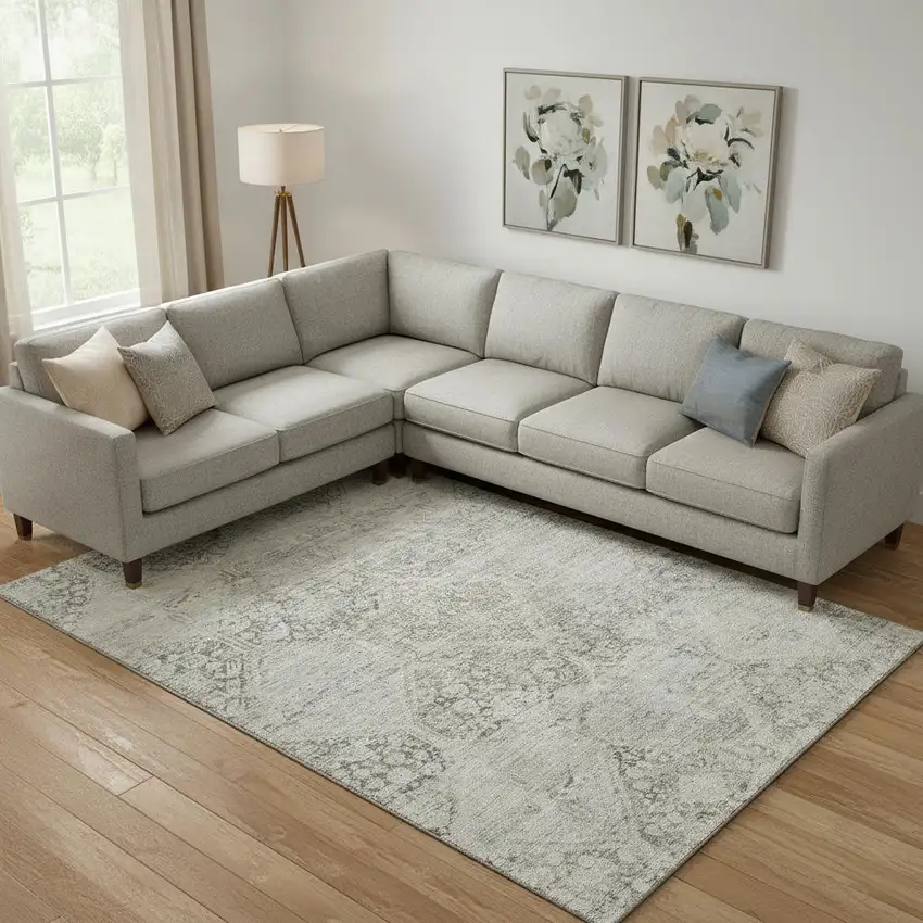 Pewter Gray And Silver Geometric Washable Area Rug With UV Protection Photo 2