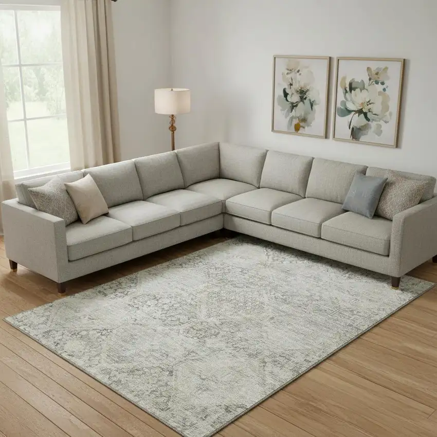 Pewter Gray And Silver Geometric Washable Area Rug With UV Protection Photo 2