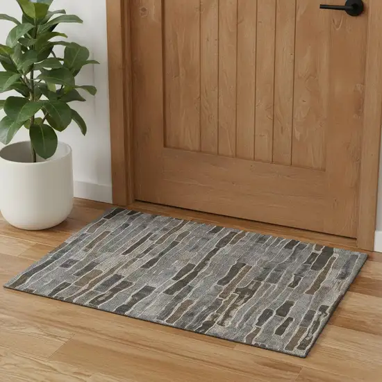 Pewter Gray And Silver Striped Washable Area Rug With UV Protection Photo 1