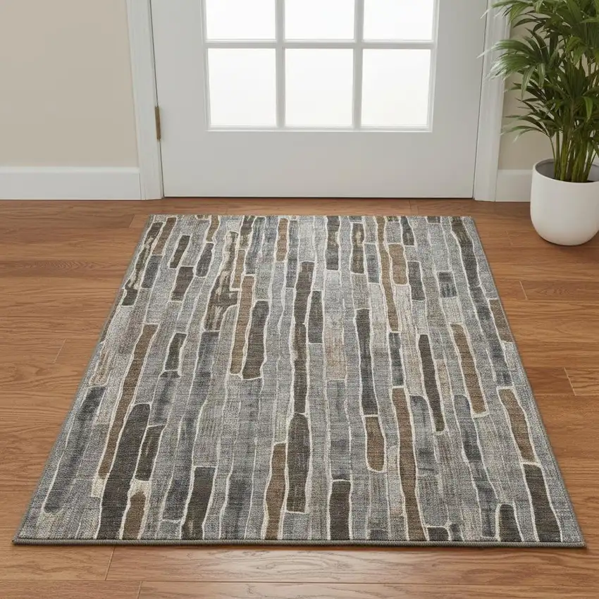 Pewter Gray And Silver Striped Washable Area Rug With UV Protection Photo 2