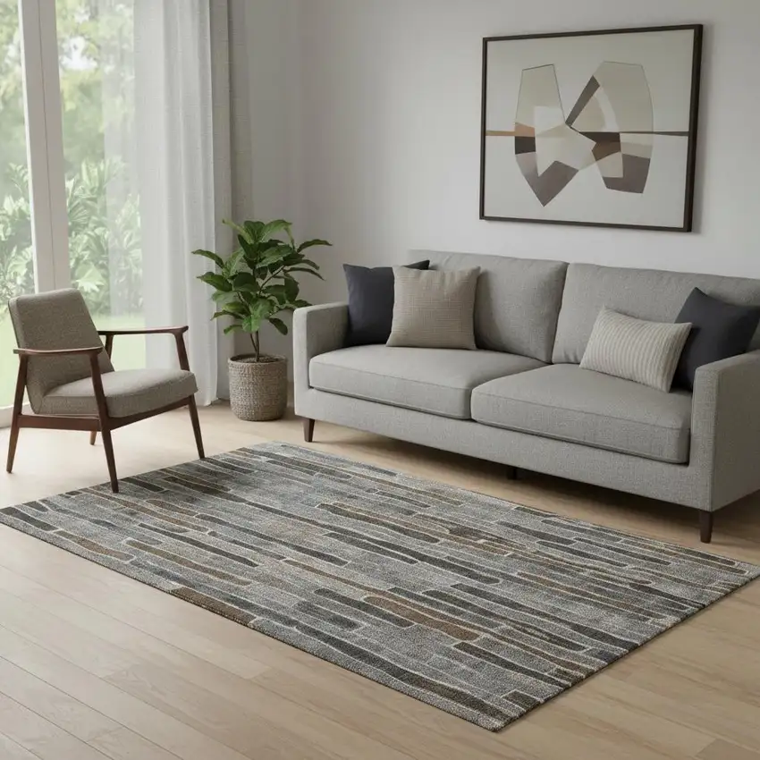 Pewter Gray And Silver Striped Washable Area Rug With UV Protection Photo 2