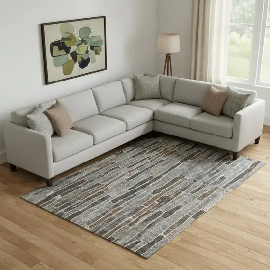 Pewter Gray And Silver Striped Washable Area Rug With UV Protection Photo 2