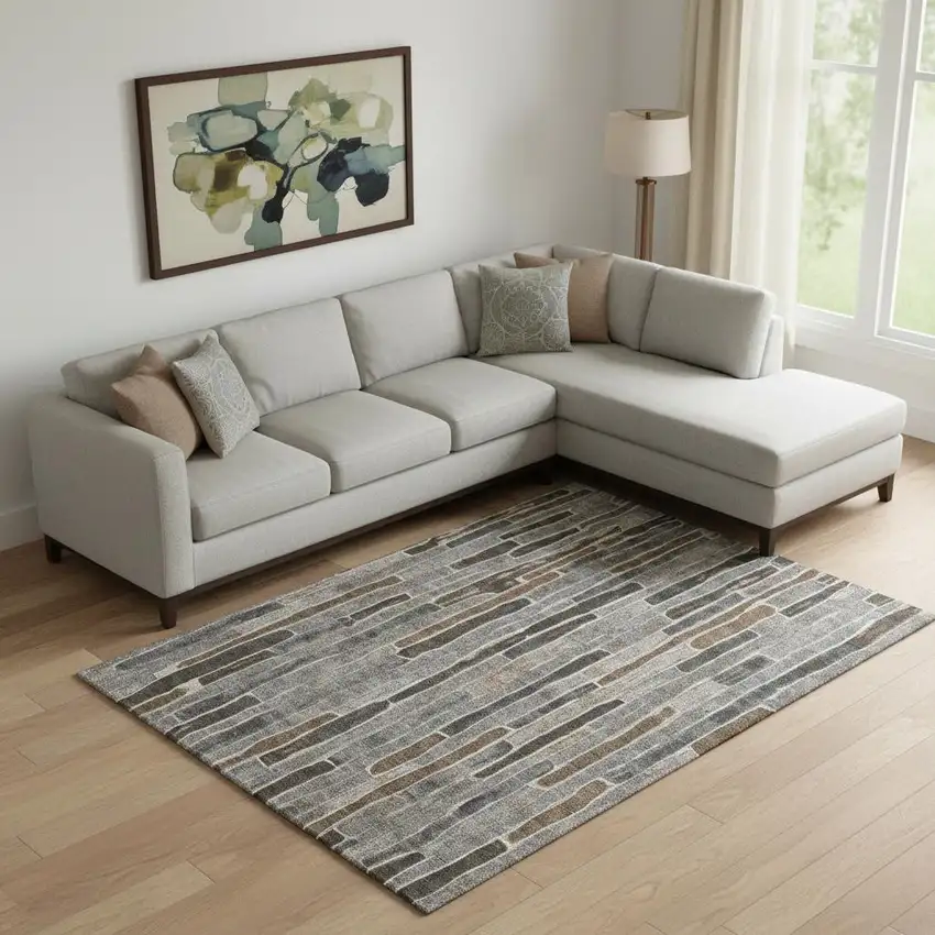 Pewter Gray And Silver Striped Washable Area Rug With UV Protection Photo 2