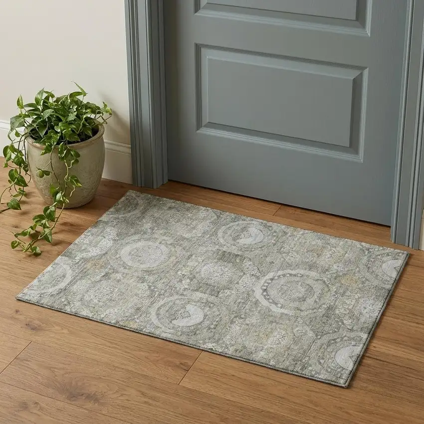 Pewter Gray And Wheat Mosaic Washable Area Rug With UV Protection Photo 1