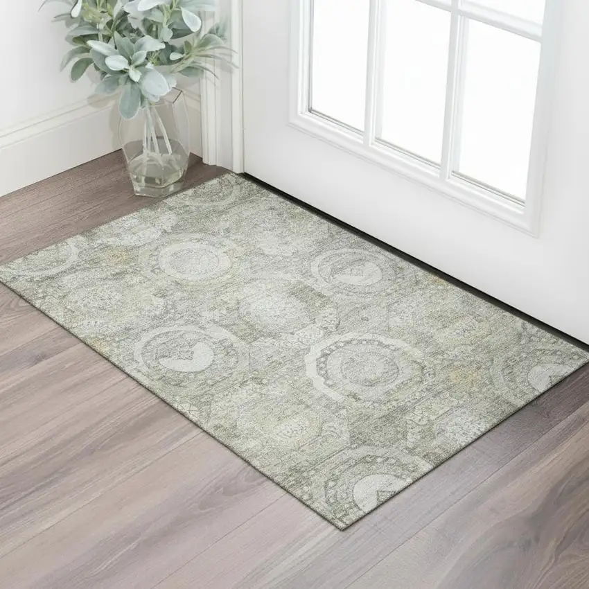 Pewter Gray And Wheat Mosaic Washable Area Rug With UV Protection Photo 2