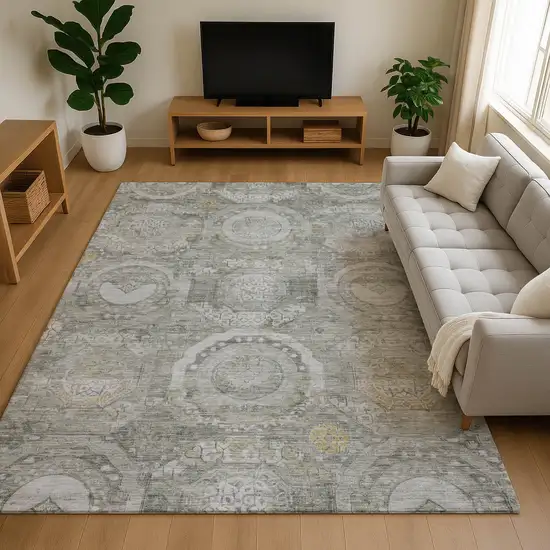Pewter Gray And Wheat Mosaic Washable Area Rug With UV Protection Photo 4