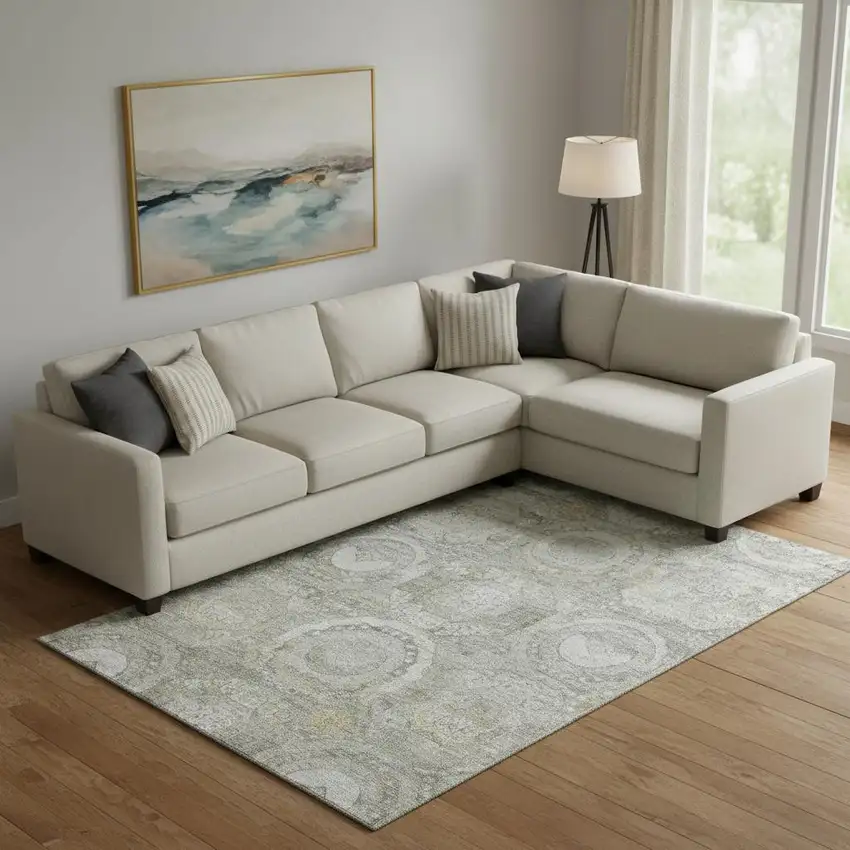 Pewter Gray And Wheat Mosaic Washable Area Rug With UV Protection Photo 2