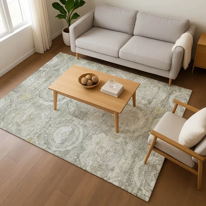 Pewter Gray And Wheat Mosaic Washable Area Rug With UV Protection Photo 5