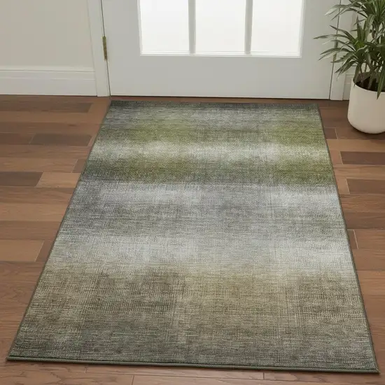 Pewter Green And Silver Striped Washable Area Rug With UV Protection Photo 2
