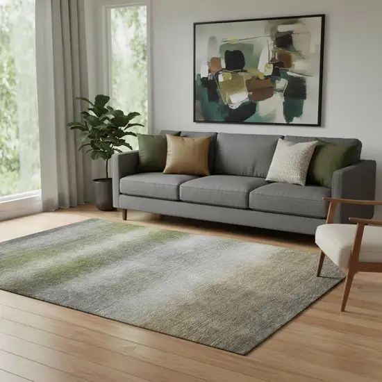 Pewter Green And Silver Striped Washable Area Rug With UV Protection Photo 2