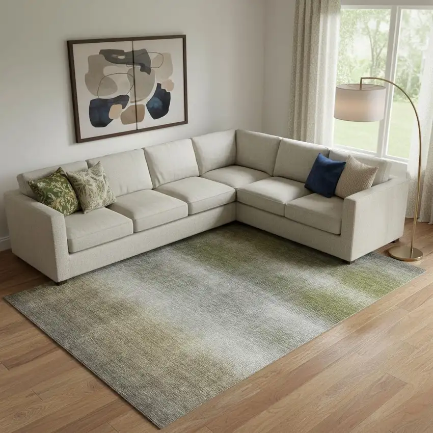 Pewter Green And Silver Striped Washable Area Rug With UV Protection Photo 2