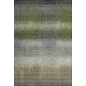 Photo of Pewter Green And Silver Striped Washable Area Rug With UV Protection