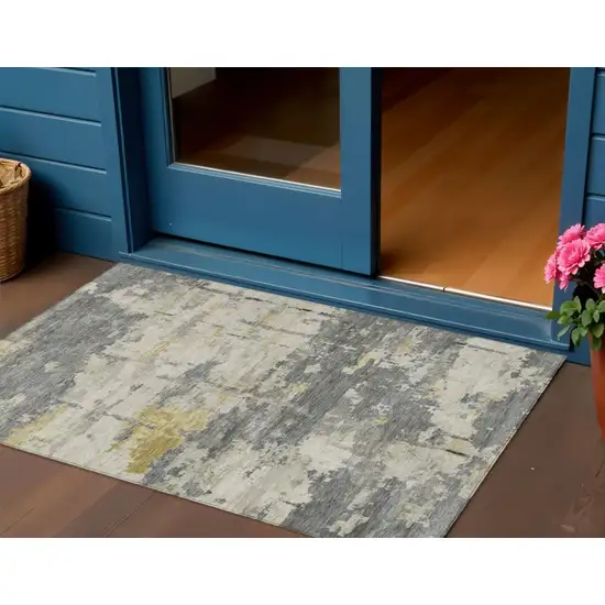 Pewter Ivory And Gold Abstract Washable Indoor Outdoor Area Rug Photo 1