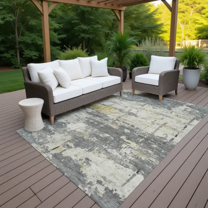 Pewter Ivory And Gold Abstract Washable Indoor Outdoor Area Rug Photo 6