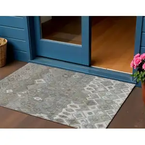 Photo of Pewter Ivory And Tan Geometric Washable Indoor Outdoor Area Rug