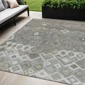 Photo of Pewter Ivory And Tan Geometric Washable Indoor Outdoor Area Rug