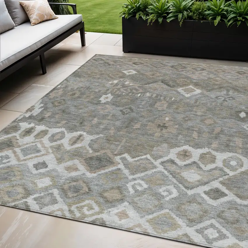 Pewter Ivory And Tan Geometric Washable Indoor Outdoor Area Rug Photo 1