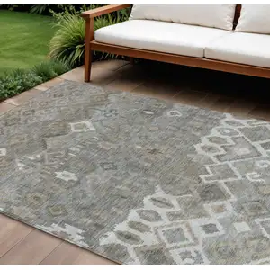 Photo of Pewter Ivory And Tan Geometric Washable Indoor Outdoor Area Rug