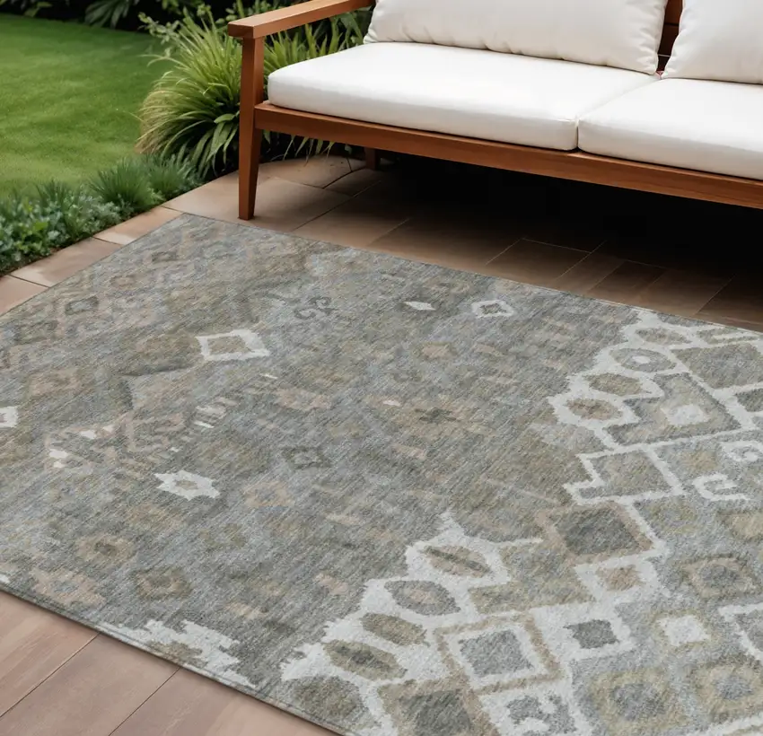 Pewter Ivory And Tan Geometric Washable Indoor Outdoor Area Rug Photo 1