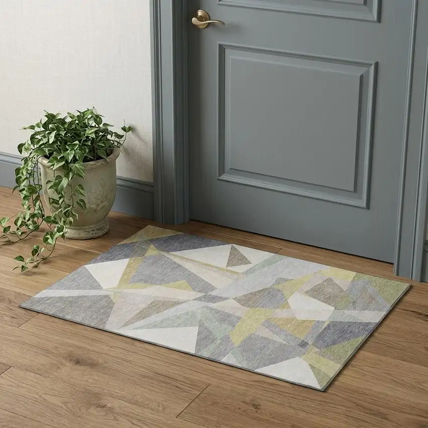 Pewter Ivory And Wheat Geometric Washable Area Rug With UV Protection Photo 1