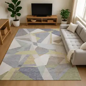 Photo of Pewter Ivory And Wheat Geometric Washable Area Rug With UV Protection
