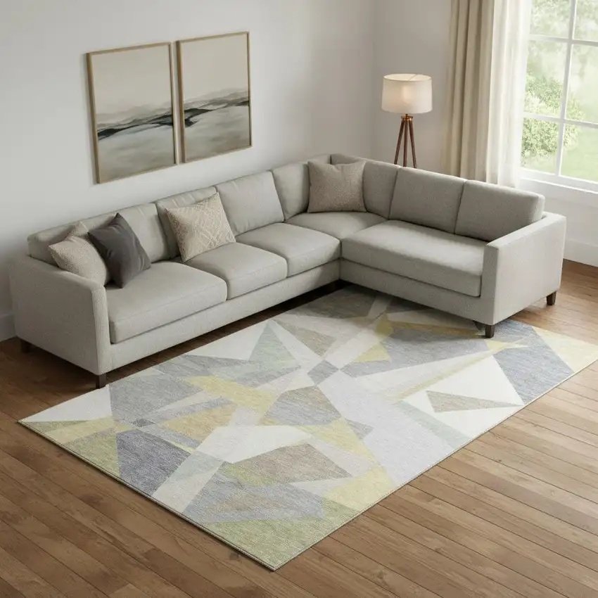 Pewter Ivory And Wheat Geometric Washable Area Rug With UV Protection Photo 2