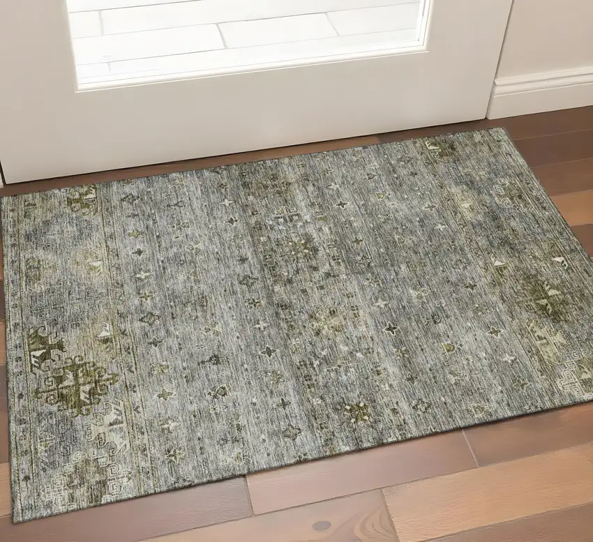 Pewter Olive Green And Beige Tribal Washable Area Rug With UV Protection Photo 1