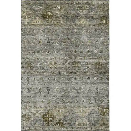 Pewter Olive Green And Beige Tribal Washable Area Rug With UV Protection Photo 3