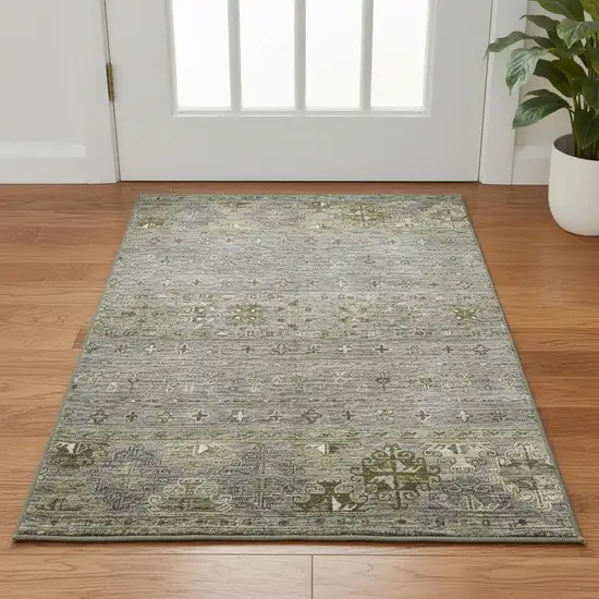 Pewter Olive Green And Beige Tribal Washable Area Rug With UV Protection Photo 2